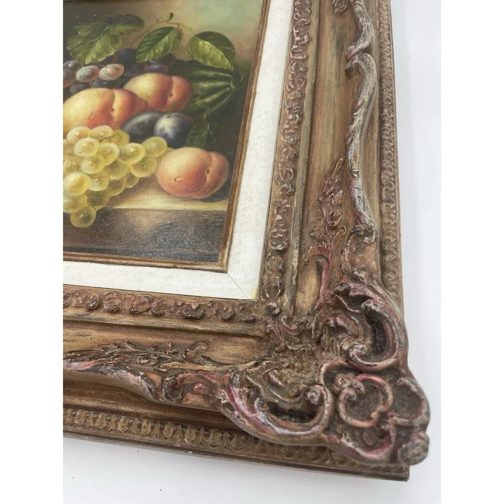 Vintage Still Life Fruit Oil‎ on Canvas Ornate Baroque Frame Signed 14 x 16